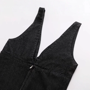 Women's minimalist dark denim dress with a deep V-neck and stylish front metal zipper