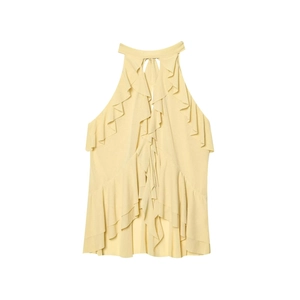 Pale yellow sleeveless halter neck top with layered ruffle details and flat lay view