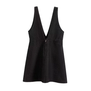 Women's black denim pinafore dress with a deep V-neck and front zipper closure