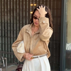 Women Casual Faux Suede Jacket Stand Collar Short Loose Coat Single Breasted Outwear Solid Color Streetwear Fall Fashion