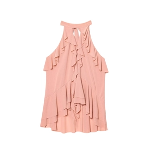 Elegant coral pink halter neck sleeveless top with layered ruffles in chiffon fabric