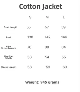 Detailed size chart for women's oversized leather padded jacket including S, M, L dimensions