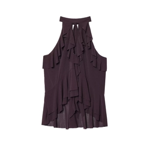 Elegant deep purple ruffled halter top with layered tiered design and stylish neckline