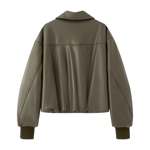 Detailed back view of olive green PU leather jacket with ribbed cuffs and hem