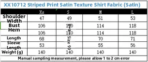 Size chart for striped satin blouse showing measurements for XS S M L in centimeters