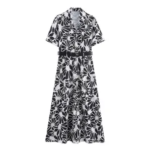 Women Summer Casual Polyester Poplin Maxi Dress Black White Botanical Floral Print Belted Short Sleeve Shirt Dress