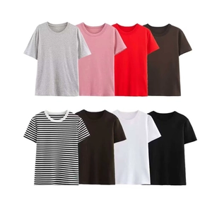 T-Shirt à Manches Courtes Décontracté pour Femmes Col Rond Couleur Unie Rayé Haut en Tricot Polyester Sexy