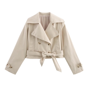 Classic beige double-breasted cropped trench coat with waist belt and tortoiseshell buttons