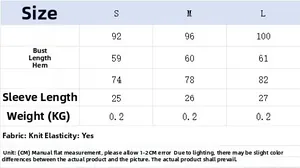 Detailed size guide for striped knit short sleeve top with S, M, and L dimensions