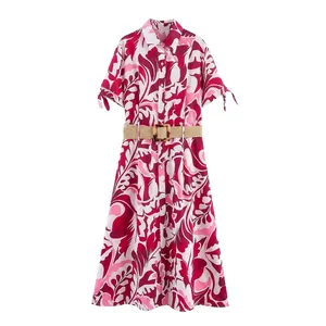 Abito a Camicia in Popeline Con Stampa Foglie Tropicali Estive Donna Con Cintura Manica Corta Abbottonato Casual Vacanza Midi