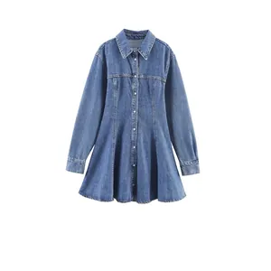 Women Casual Denim Mini Dress Long Sleeve Turn-Down Collar Single Breasted A-Line Jean Dress With Metal Buttons