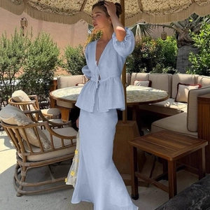 Haut Peplum à Manches Bouffantes avec Col en V à Lacets et Jupe Longue Taille Haute pour Femmes Tenue de Vacances Été
