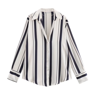 Classic blue and white vertical striped long sleeve collared button-down shirt for women