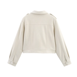 Rear view of cropped faux suede jacket in cream white featuring utility shoulder straps