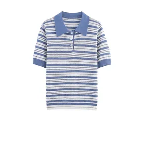 Women Striped Knit Polo Shirt Short Sleeve Blue White Contrast Button Down Hollow Out Breathable Casual Summer Top