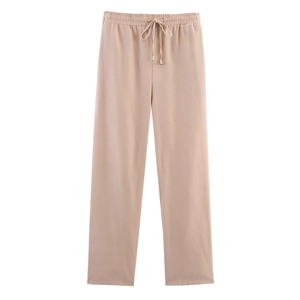 Women's minimalist beige linen-blend casual trousers with elastic drawstring waist