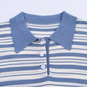 Blue and white striped knit Polo shirt with eyelet texture and three white buttons
