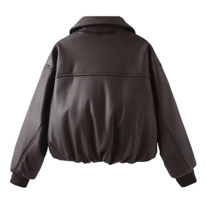 Back view of deep brown oversized PU leather jacket with ribbed cuffs and vintage silhouette
