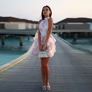 Halter Neck Floral Mini Dress Backless Tiered Ruffle Hem Sleeveless Summer Beach Vacation Slim Fit Party Dress For Women