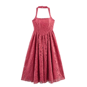 Detailed view of the rose red halter neck lace dress with floral pattern and high waistline