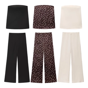 Elegant Acetaat Satijn Strapless Tube Top Hoge Taille Wijde Pijpen Broek Outfits Dames Zomer Casual Bedrukt Mode Set