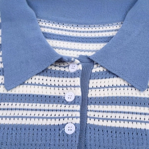 Women's blue and white striped knit polo shirt with breathable hollow weave and collar