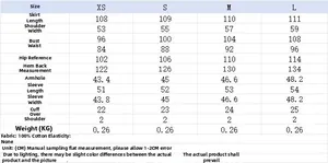 Size guide table for women cotton shirt dress with detailed measurements and materials