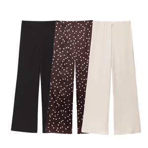 Dames satijnen broek met hoge taille en wijde pijpen in zwart, bruin en beige