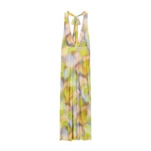 Damen Casual Neckholder V-Ausschnitt Netzstoff Maxi Kleid Abstrakter Druck Rückenfrei Ärmellos Bohemian Sommerurlaub Langes Kleid