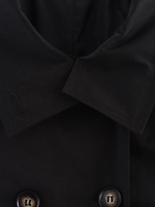 Detailed close-up of high-density woven black trench coat collar with tortoise buttons