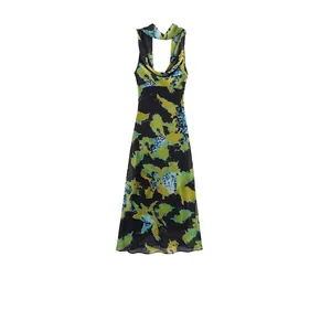 Robe Longue Maxi pour Femmes Sans Manches Imprimé Abstrait Mousseline Légère Col Bénitier Avec Détail Écharpe Été Streetwear