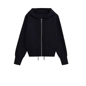 Women Casual Hooded Knitted Zipper Cardigan Jacket Solid Color Long Sleeve Navy Blue Streetwear Slim Fit Sweater Coat