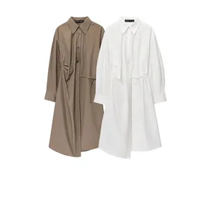 Women Minimalist Cotton Shirt Dress Asymmetric Ruched Drawstring Waist Long Sleeve Midi Dress Single Breasted Lapel Collar