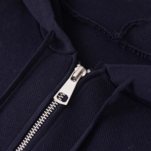 Women's dark blue casual zip-up hoodie with metal zipper and knitted texture details