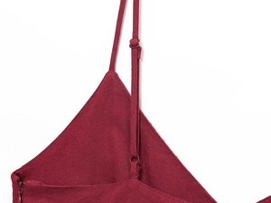 Détails de robe midi en lin bordeaux avec bretelles réglables et fermeture éclair invisible