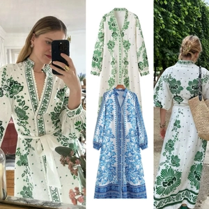 Damen Boho Floral Print Maxi Kleid V-Ausschnitt Langarm Einreihig Casual Urlaub Strand Langes Kleid Für Damen