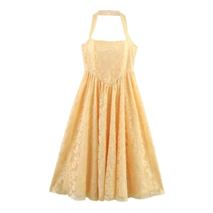 Women's Vintage Elegant Halter Backless Polyester Lace Midi Dress Floral Jacquard A-Line Sleeveless Party Wedding Guest Dress