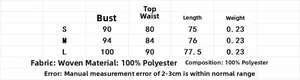 Detaillierte Größentabelle für ärmellosen Neckholder-Body mit Materialinfo aus Polyester