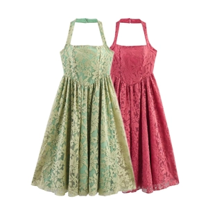 Elegant halter neck floral lace A-line dress in mint green and raspberry red colors