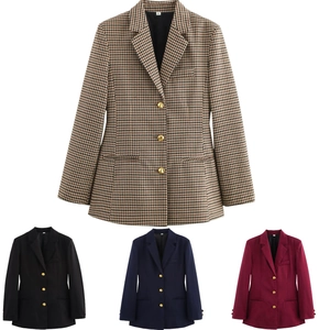 Blazer pied de poule da donna con bottoni dorati e cintura in quattro colori