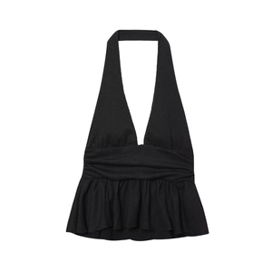 Top corto nero da donna con scollo a V, volant a strati e dettagli plissettati eleganti