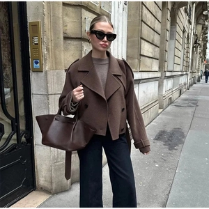 Women Short Woolen Coat Elegant Double Breasted Belted Jacket Oversized Lapel Autumn Winter Fashion Outerwear Brown