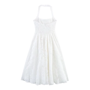 Elegant white halter lace dress with open back and floral embroidery, back view