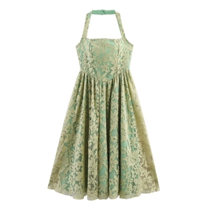 Elegant light green halter neck lace dress with high waist and A-line silhouette