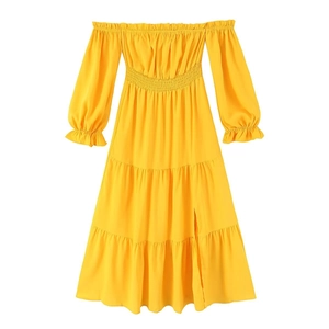 Robe Longue Femme Vintage Français Épaules Dénudées Jaune À Étages Taille Smokée Manches Lanterne Fente Latérale Robe d'Été