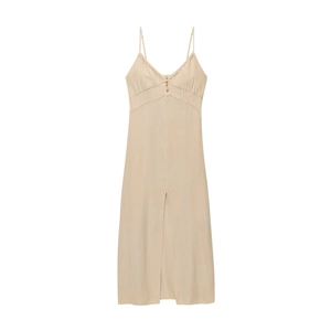 Robe midi en lin beige à fines bretelles avec bordure en dentelle et fente frontale
