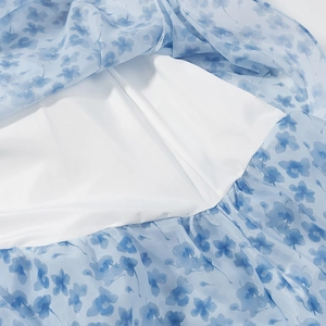 Detailed close-up of light blue floral dress showing layered sheer fabric and lining
