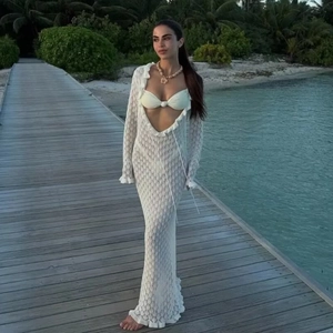 Robe Longue de Plage en Crochet Ajouré pour Femme Bohême Manches Longues Col en V Lacet Volants Robe en Tricot Blanc