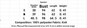 Size chart for women's vintage knit sweater including bust, length, and shoulder measures