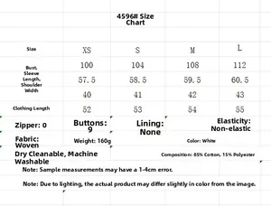 Size chart for women's embroidered white shirt with measurements in cm for XS to L sizes